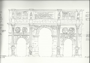 A drawing of an arch with roman architecture.