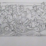 A drawing of people in the water