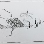 A pen and ink drawing of trees, bushes and a wall.