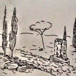A drawing of trees and rocks in the desert.