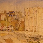 A painting of an old city with stairs going up the side.