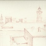 A drawing of some buildings and a clock tower