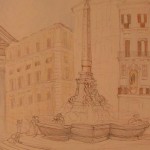 A drawing of a fountain in the middle of a city.