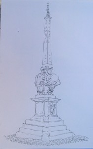 A drawing of a bear statue on top of a pillar.