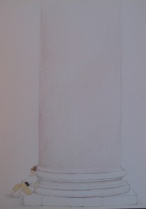 A white pillar with a brown top on it