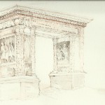 A drawing of an arch with statues on it.