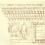 A drawing of an architectural element with a man on the wall.