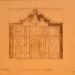 A drawing of an old building with a large arch.