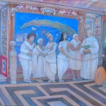 A painting of people in white clothes standing under an umbrella.