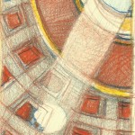 A drawing of an interior with red and yellow accents.