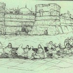 A drawing of people sitting in front of a castle