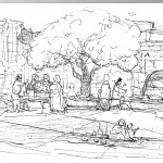 A drawing of people gathered around a tree
